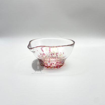 日本製玻璃片口抹茶碗，粉紅斑點，片口一面