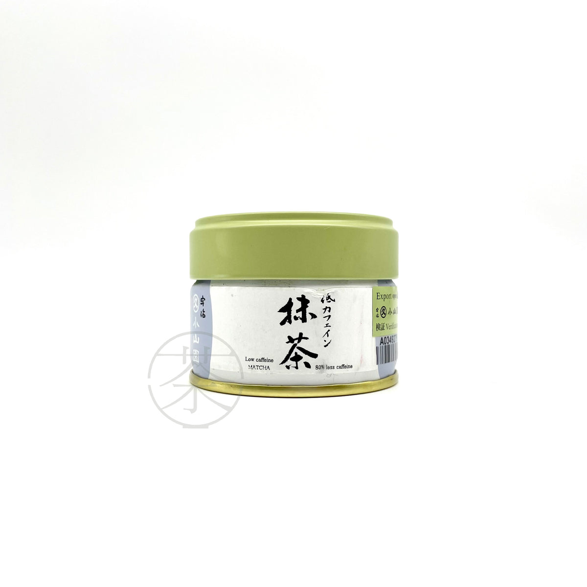 丸久小山園低咖啡因抹茶罐裝，淺綠色蓋，標示咖啡因減少 80%